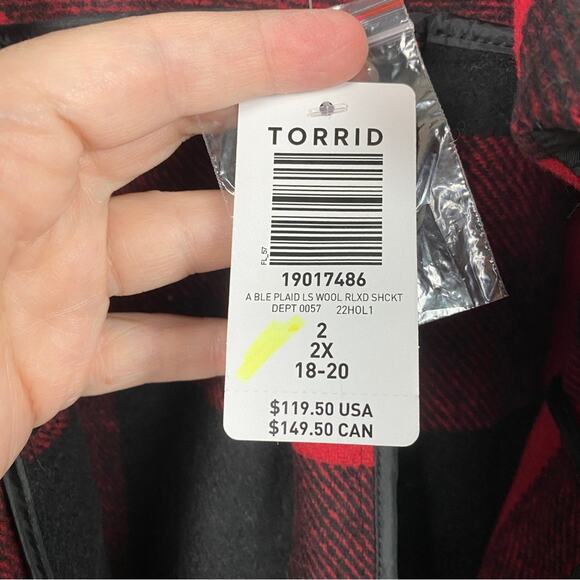 Torrid Black&Red Plaid Wool Relaxed Shacket Sz.2 NWT - Picture 10 of 16